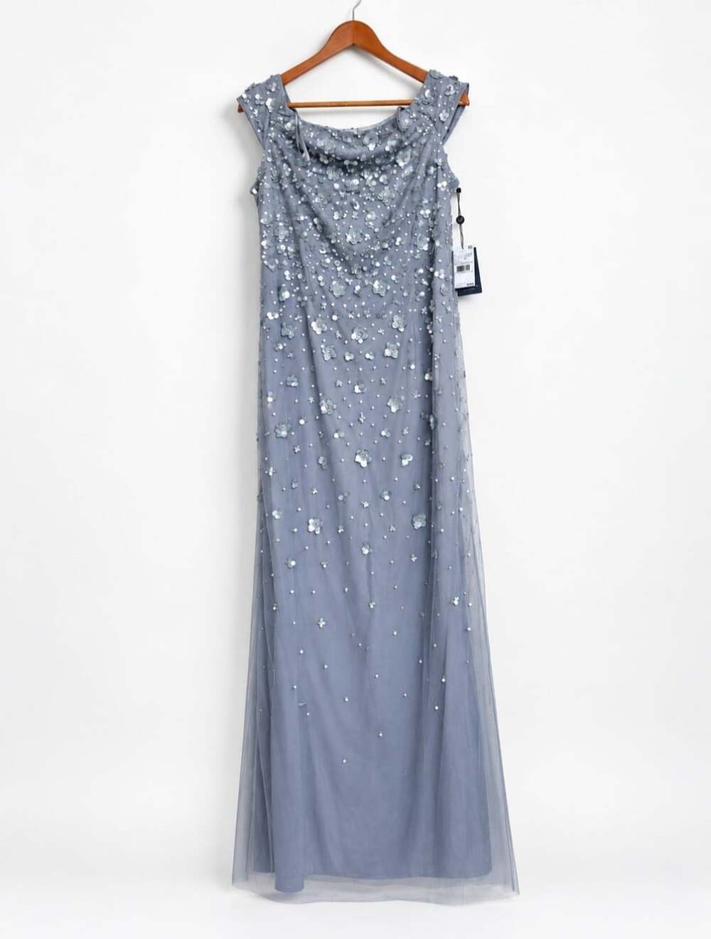 Adrianna Papell Size 16 Silver Mist Beaded Sequin Floral Off Shoulder Gown NWT - Picture 7 of 16